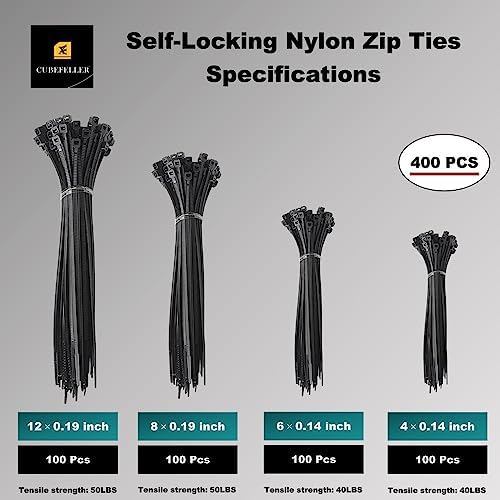 Cubefeller Zip Ties, | 12"+8"+6"+4" / 400 PCS /, Black Zip Ties with 50 Pounds Tensile Strength, Plastic Tie,Self-Locking Nylon Zip Ties for Indoor and Outdoor,Cable Ties in resealable bag - Image 2