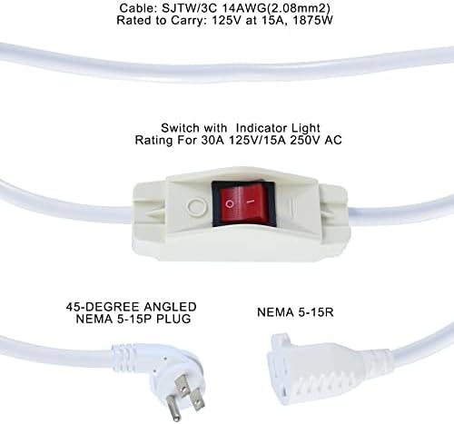 Short Power Extension Cord with On Off Switch - 2FT Flat Plug Short 3Prong Extension Cord with Inline Switch Waterproof, 1875W Heavy Duty White SJTW 14AWG Grounded 15A AC Electrical Extension Cord - Image 6