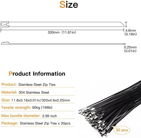 Helunsi 30 Pcs Metal Zip Ties 11.8 Inches Stainless Steel Cable Ties, Heavy Duty Self Locking Multi-Purpose, Suitable for Fixed Indoor Outdoor Exhaust Wrap Farms Pipes Cables and Fence - Black 11.8" - Image 2