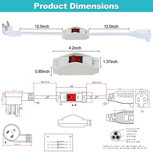 Short Power Extension Cord with On Off Switch - 2FT Flat Plug Short 3Prong Extension Cord with Inline Switch Waterproof, 1875W Heavy Duty White SJTW 14AWG Grounded 15A AC Electrical Extension Cord - Image 2
