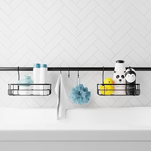 Zenna Home Bathroom Organizer Shower Caddy or Storage for Kitchen, Pantry, Closet, Kids Toys, with 2 Baskets and 3 Hooks, Adjustable Tension Rod, No Drilling, Fits Spaces from 26” to 76”, Matte Black
