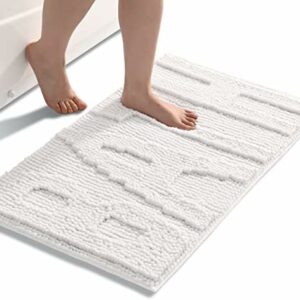 QJHOMO White Bathroom Rugs Chenille Bath Mats for Bathroom Non Slip Floor Mat, Thick Soft Shaggy Bath Rug, Super Absorbent Bathmat Quick Dry, Machine Washable Microfiber Rugs for Shower, 16 x 24 Inch