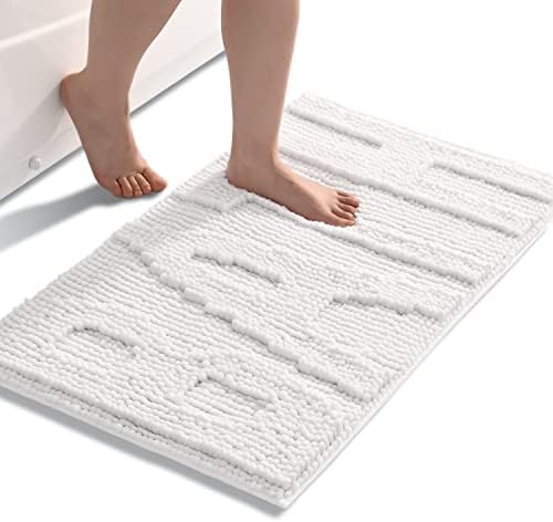 QJHOMO White Bathroom Rugs Chenille Bath Mats for Bathroom Non Slip Floor Mat, Thick Soft Shaggy Bath Rug, Super Absorbent Bathmat Quick Dry, Machine Washable Microfiber Rugs for Shower, 16 x 24 Inch