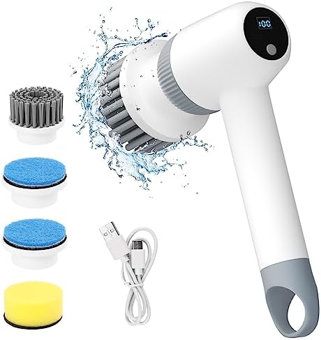 Salate Cordless Electric Spin Scrubber, Electric Cleaning Brush Scrubber Replaceable Cleaning Heads Handheld, Power Shower Scrubber Cleaning with LED Display for Tub Floor Tile Window Kitchen