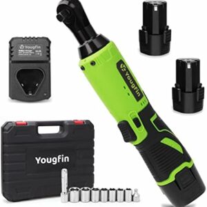 Yougfin Cordless Electric Ratchet Wrench Set, 40 Ft-lbs 12V Power Ratchet Kit with 60-Min Fast Charger, Variable Speed, 2 Packs 2000mAh Lithium-Ion Battery (3/8")