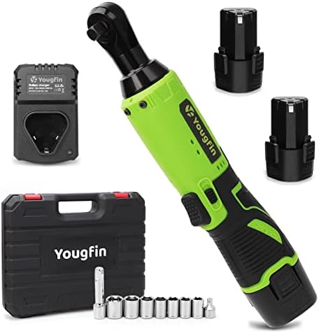 Yougfin Cordless Electric Ratchet Wrench Set, 40 Ft-lbs 12V Power Ratchet Kit with 60-Min Fast Charger, Variable Speed, 2 Packs 2000mAh Lithium-Ion Battery (3/8")
