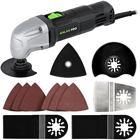 GALAX PRO 22000 OPM 1.5A Oscillating Multi Tool, 3 Degree Oscillating Angle with 3 Pieces Saw Blades, 1 Piece Semi Circle Blade Sanding Plate, 6 Pieces Sanding Papers for Sanding, Grinding