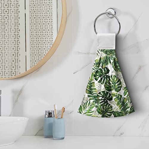 Kwlegh Palm Leaves Hanging Kitchen Towels Set of 2 Tropical Green Hand Tie Towels Monstera Print Hand Towels Hawaiian Soft Absorbent Kitchen Towels with Hanging Loop for Bathroom Kitchen 12x17 Inch - Image 6