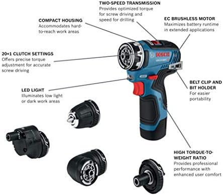 BOSCH GSR12V-300FCB22 12V Max EC Brushless Flexiclick 5-In-1 Drill/Driver System with (2) 2.0 Ah Batteries - Image 3
