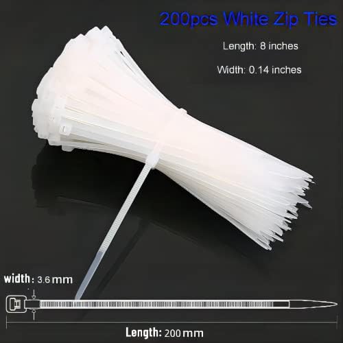 ZFCZR Zip Ties, 200pcs White Zip Ties 8 Inch, Plastic Ties Small Zipties Cable Tie Wraps, Multi-Purpose Cable Management Ties, Self-Locking Ziptie for Office and Home(Can bear 40lb) - Image 2