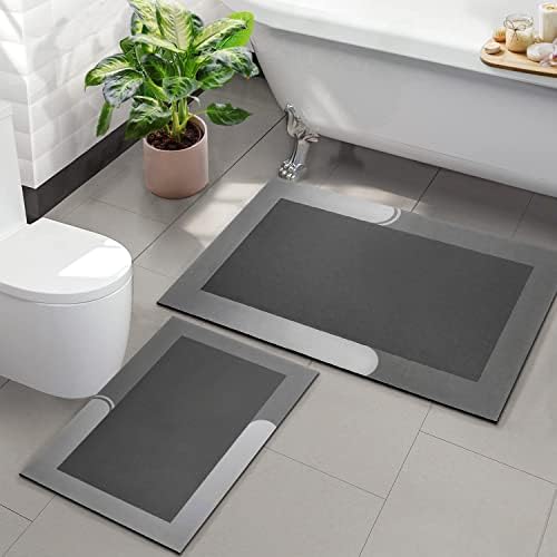 Kmson 2 Piece Bath Mat Set , Napa Skin Non Slip Ultra Soft and Super Absorbent Diatomite Bathroom Rugs, Dirt Barrier Quick Dry Floor Door Mat Kitchen Rug Grey