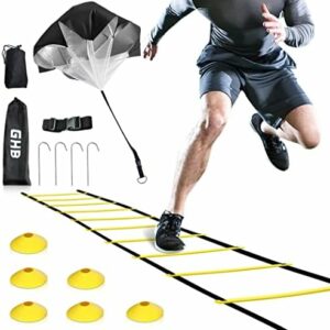 GHB Agility Ladder Speed Training Ladder Workout Ladder with 6 or 10 Cones 12 Rung 20ft with Resistance Parachute