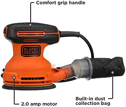 BLACK+DECKER Orbital Sander, 5 Inch, 2.0 Amp, 12000 OPM, Corded, 1 Sandpaper Sheet and Dust Bag Included (BDERO100) - Image 2