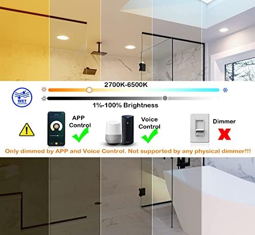 CLOUDY BAY [6 Pack] 4inch Smart WiFi LED Recessed Lights,RGBCW Color Changing Recessed Lighting,Compatible with Alexa and Google Home Assistant,No Hub Required,10W 2700K-6500K,CRI90+ Wet Location - Image 2