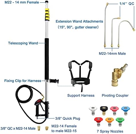 janz 24 FT Telescoping Pressure Washer Wand with 2 Pressure Washer Extension Wands,Gutter Cleaner Attachment, 7 Spray Nozzle Tips, 2 Hose Inlet Adapters, Pivoting Coupler and Support Harness - Image 5