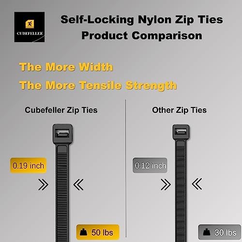 Cubefeller Zip Ties, | 12"+8"+6"+4" / 400 PCS /, Black Zip Ties with 50 Pounds Tensile Strength, Plastic Tie,Self-Locking Nylon Zip Ties for Indoor and Outdoor,Cable Ties in resealable bag - Image 3