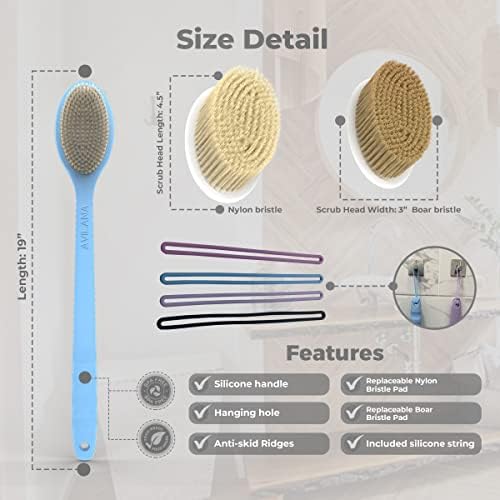 Avilana Shower Body Brush with Long Curved Handle, Long Silicone Handle Back Scrubber with Dual-Sided Long Handle Bath Shower Brush with Soft and Stiff Bristles (Long Handle-Gray) - Image 2