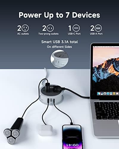Travel Power Strip USB C, 4 FT Winding Flat Plug Extension Cord with 4 AC Outlets, 3 USB (1 USB C), Portable Mini Power Strip, Compact for Travel, Dorm Room, Cruise Essentials, Travel Gear, Grey - Image 2