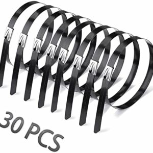 Helunsi 30 Pcs Metal Zip Ties 11.8 Inches Stainless Steel Cable Ties, Heavy Duty Self Locking Multi-Purpose, Suitable for Fixed Indoor Outdoor Exhaust Wrap Farms Pipes Cables and Fence - Black 11.8"