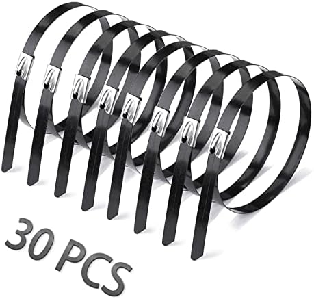 Helunsi 30 Pcs Metal Zip Ties 11.8 Inches Stainless Steel Cable Ties, Heavy Duty Self Locking Multi-Purpose, Suitable for Fixed Indoor Outdoor Exhaust Wrap Farms Pipes Cables and Fence - Black 11.8"
