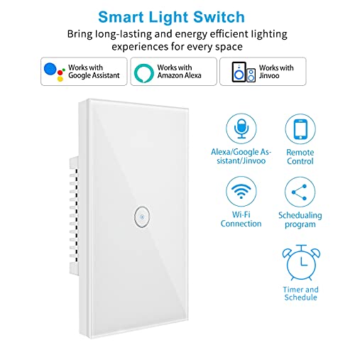 Jinvoo WiFi Wall Light Touch Panel Switch, 2.4GHz WiFi Light Switch Smartphone Remote Control, Remote Control Smart Life/Graffiti App, Timer, Alexa Compatible and Google Home White 1 Gang - Image 3