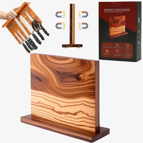 Home Kitchen Premium Acacia Wood Double Sided Magnetic Knife Block without Knives Utensil Holder Knife Holder for Kitchen Counter Magnetic Knife Holder Stand Knife Rack Knife Stand Knife Storage