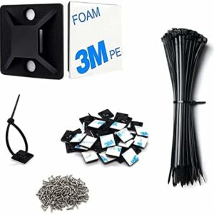 Strong Back-Glue Self Adhesive Cable Zip Tie Mounts Kit - 100 Set Cable Management Clips with 6" Zip Ties, Wire Holders and Screws - Outdoor Sticky Wire Organizer Clips-Black