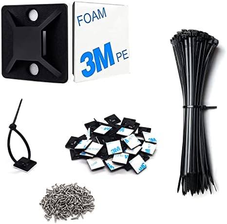 Strong Back-Glue Self Adhesive Cable Zip Tie Mounts Kit - 100 Set Cable Management Clips with 6" Zip Ties, Wire Holders and Screws - Outdoor Sticky Wire Organizer Clips-Black
