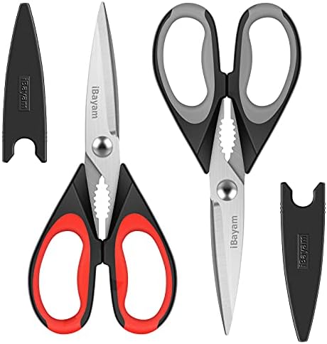 Kitchen Shears, iBayam Kitchen Scissors Heavy Duty Meat Scissors Poultry Shears, Dishwasher Safe Food Cooking Scissors All Purpose Stainless Steel Utility Scissors, 2-Pack (Black Red, Black Gray)