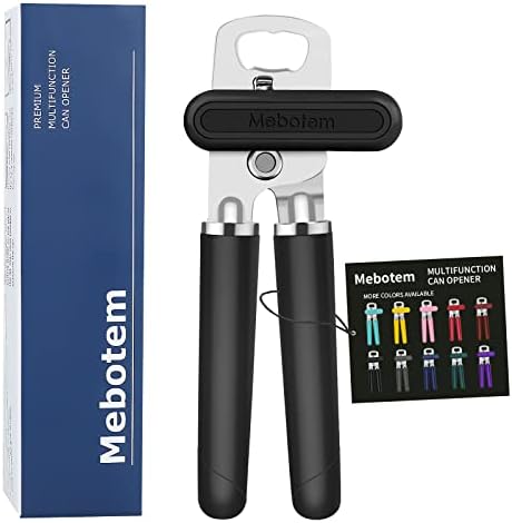 Mebotem 10 Colors Can Opener Manual Handheld Heavy Duty Hand Can Opener Smooth Edge Stainless Steel Can Openers Top Lid Kitchen Gadgets, Best Large Rated Easy Turn Knob, with Bottle Opener, Black