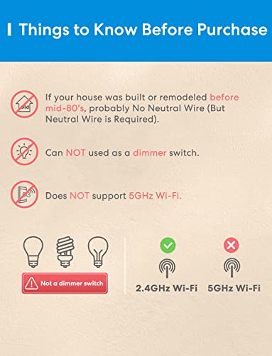 3 Way Smart Switch, Meross Smart Light Switch Supports Apple HomeKit, Siri, Alexa, Google Assistant & SmartThings, 2.4GHz WiFi Light Switch Neutral Wire Required, Remote Control Timer 1 Pack - Image 4