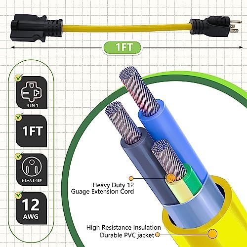YSIL Dryer Plug Adapter 15A 125V to 20A 250V Adapter Cable 1 FT,12AWG 5-15P to 6-15/20R T Blade AC Power Adapter Converter Indoor/Outdoor Adapter - Image 3