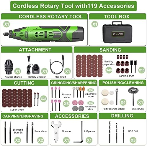 PHALANX 12V Cordless Rotary Tool Kit with Keyless Chuck, 6-Speeds 5000-32000RPM, 119 Accessories with Flex Shaft, Idea for Cutting, Grinding, Wood Carving- Include 2.0AH Battery, Charger - Image 2