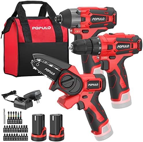 12V Cordless Power Tool Combo Kits, 3-1/2" Brushless Electric Mini Chainsaw, 3/8" Power Drill Driver, 1/4" Impact Driver Set with 2Pcs 2.0Ah Lithium Batteries for Household Projects and DIY (3-Tool)