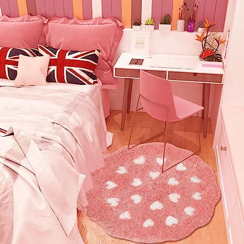 Bath Rug Mat, Cute Flower Shaped Bathroom Mat with Small Love Heart, Non Slip Water Absorbent Bathtub Mat, Machine Washable Soft Superfine Fiber Decor Mat for Bedroom Kitchen Shower 27.6 Inch (Pink) - Image 2