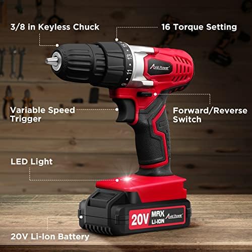 AVID POWER 20V MAX Lithium lon Cordless Drill Set, Power Drill Kit with Battery and Charger, 3/8-Inch Keyless Chuck, Variable Speed, 16 Position and 22pcs Drill Bits (Red) - Image 2