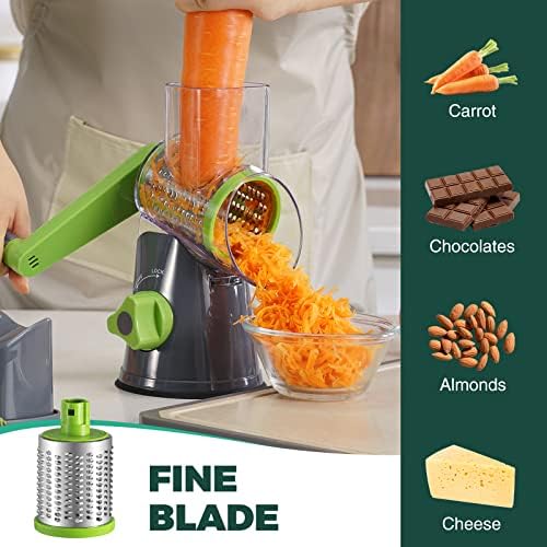 Cheese Grater with Handle, Kitchen Manual Cheese Shredder with 3 Interchangeable Blades, Rotary Cheese Grater Handheld with Strong Suction Base, Vegetable Slicer Nuts Grinder with Clean Brush - Image 4