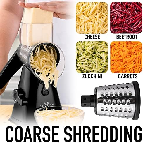 Rotary Cheese Grater with Upgraded, Reinforced Suction - Round Cheese Shredder Grater with 3 Replaceable Stainless Steel Drum Blades - Easy To Use & Clean - Vegetable Slicer & Nut Grinder (Black) - Image 2