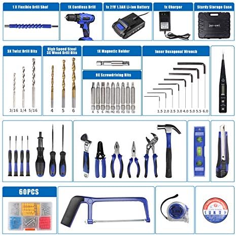 jar-owl 21V Tool Set with Drill, 350 in-lb Torque, 0-1350RMP Variable Speed, 10MM 3/8'' Keyless Chuck, 18+1 Clutch, 1.5Ah Li-Ion Battery & Charger for Home Tool Kit - Image 2