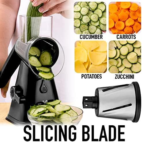 Rotary Cheese Grater with Upgraded, Reinforced Suction - Round Cheese Shredder Grater with 3 Replaceable Stainless Steel Drum Blades - Easy To Use & Clean - Vegetable Slicer & Nut Grinder (Black) - Image 4