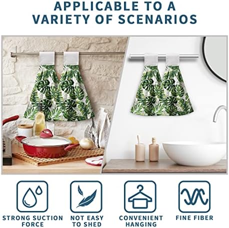 Kwlegh Palm Leaves Hanging Kitchen Towels Set of 2 Tropical Green Hand Tie Towels Monstera Print Hand Towels Hawaiian Soft Absorbent Kitchen Towels with Hanging Loop for Bathroom Kitchen 12x17 Inch - Image 5