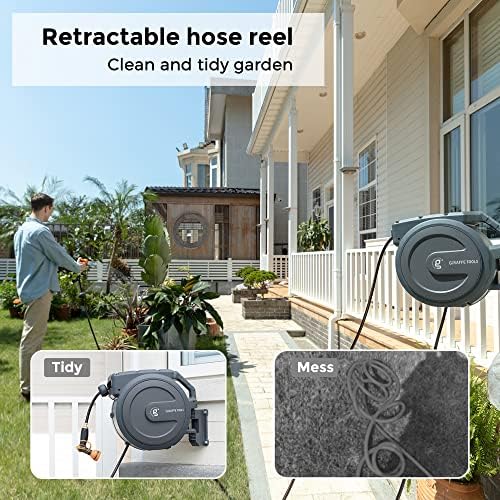 Giraffe Tools Retractable Garden Hose Reel 1/2 Inch x 130 ft, Super Heavy Duty, Any Length Lock, Slow Return System, Wall Mounted and 180 Deg Swivel Bracket - Image 2