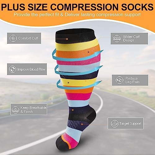 4 Pairs Plus Size Compression Socks for Women & Men, Extra Wide Calf 20-30 mmHg Knee High Compression Stockings for Circulation Swelling Support - Image 3