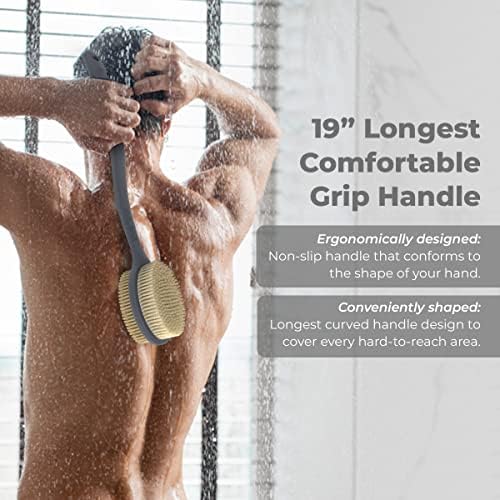 Avilana Shower Body Brush with Long Curved Handle, Long Silicone Handle Back Scrubber with Dual-Sided Long Handle Bath Shower Brush with Soft and Stiff Bristles (Long Handle-Gray) - Image 4