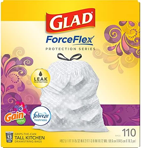 GLAD ForceFlex Tall Kitchen Drawstring Trash Bags, 13 Gallon White Trash Bag for Kitchen Trash Can, Gain Moonlight Breeze with Febreze Freshness and Leak Protection, 110 Count (Package May Vary) - Image 14