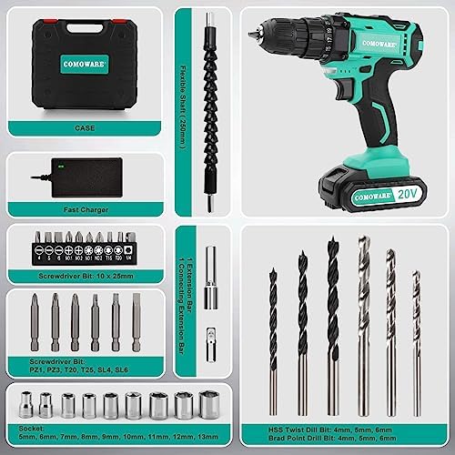 COMOWARE 20V Cordless Drill, Electric Power Drill Set with 1 Battery & Charger, 3/8” Keyless Chuck, 2 Variable Speed, 266 In-lb Torque, 25+1 Position and 34pcs Drill/Driver Bits - Image 3