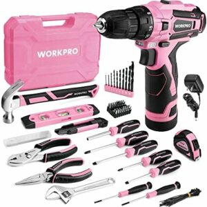 WORKPRO Pink Tool Set with Power Drill, 108PCS Portable Ladies Pink Drill Kit for Home with Toolbox including Pink Hammer, 1.5 Ah Cordless Hand Drills with Keyless Chuck and Variable Speed Trigger