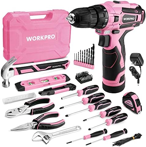 WORKPRO Pink Tool Set with Power Drill, 108PCS Portable Ladies Pink Drill Kit for Home with Toolbox including Pink Hammer, 1.5 Ah Cordless Hand Drills with Keyless Chuck and Variable Speed Trigger