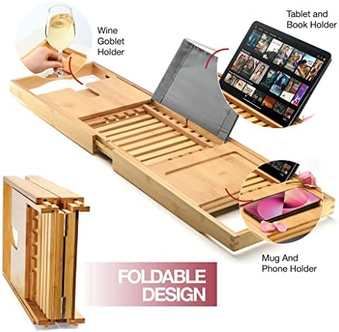 Luxury Bathtub Tray Caddy - Foldable Waterproof Bath Tray & Bath Caddy - Wooden Tub Organizer & Holder for Wine, Book, Soap, Phone Luxury Gift For Men & Women - Expandable Size, Fits Most Tubs Home It - Image 4