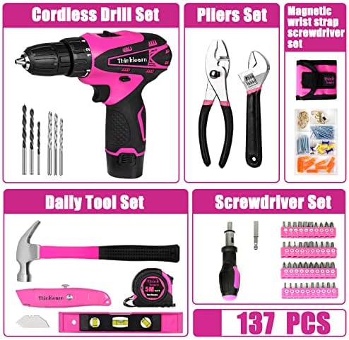 Pink Drill Set for Women, 137 Piece Hand and Power Tool Set with 12V Cordless Drill, Home Tool Kit for DIY, Necessities for Daily Decoration and Maintenance, As a Creative Gift for Ladies - Image 4